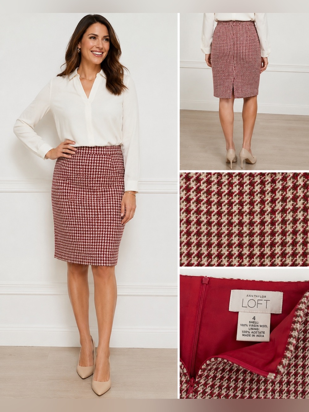 Ann Taylor LOFT Red & Cream Houndstooth Wool Pencil Skirt Size 4